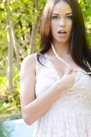 Madi Meadows Brunette Cream Mesh Dress Solo In The Garden - Photo 05