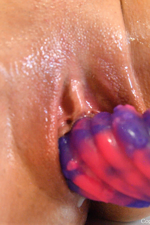 Summer Takes A Swirled Dildo In Her Shaved Pussy With Big Tits Out