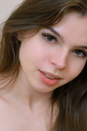 Indiana Petite Brunette Strips Sheer Top In A White Bedroom - Photo 13