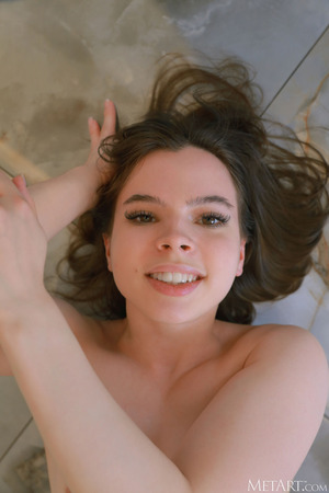 Indiana Petite Brunette Strips Sheer Top In A White Bedroom - Photo 14