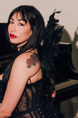 Sabina Magic Tattooed Brunette In Angel Wings By A Grand Piano - Photo 01